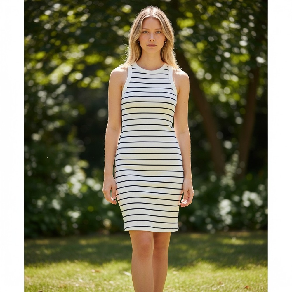 Old Navy Womens Large White Navy Blue Striped Ribbed Knit Racerback Mini Dress